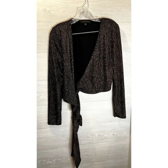 Dance and Marvel Women's Metallic Long Sleeve V Neck Tie Knot Wrap‎ Blouse - Picture 2 of 7